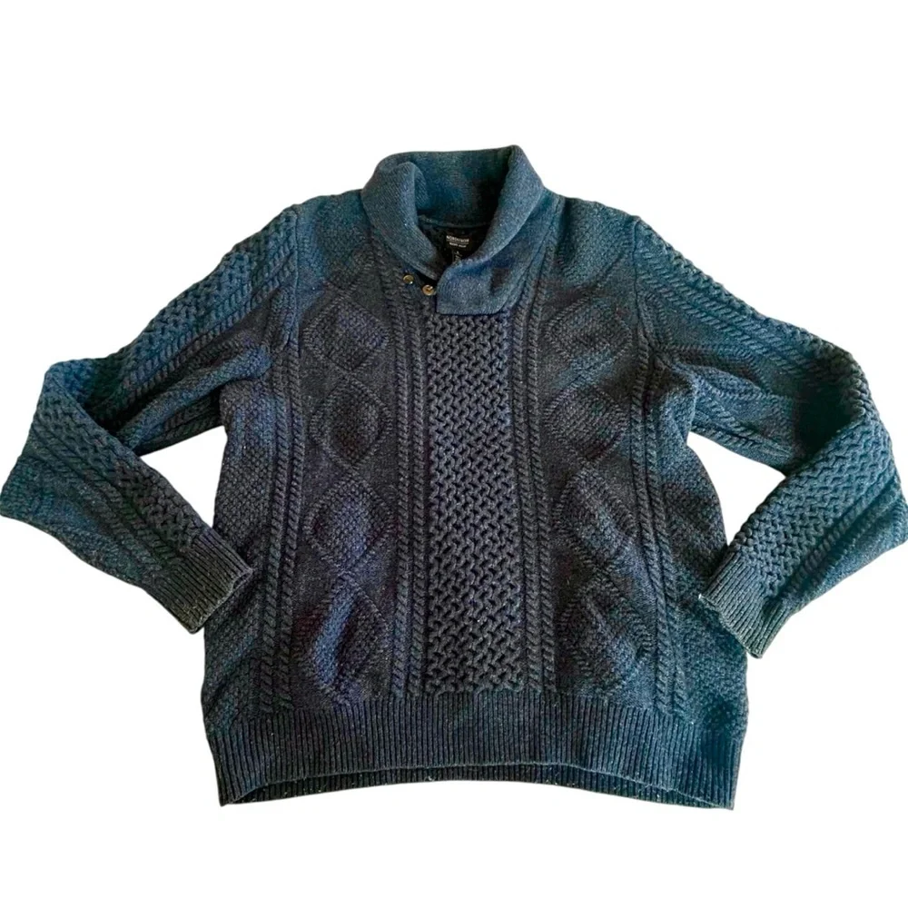 Nordstrom Lambswool Wool Fisherman Sweater Men L Blue Knit Shawl Collar